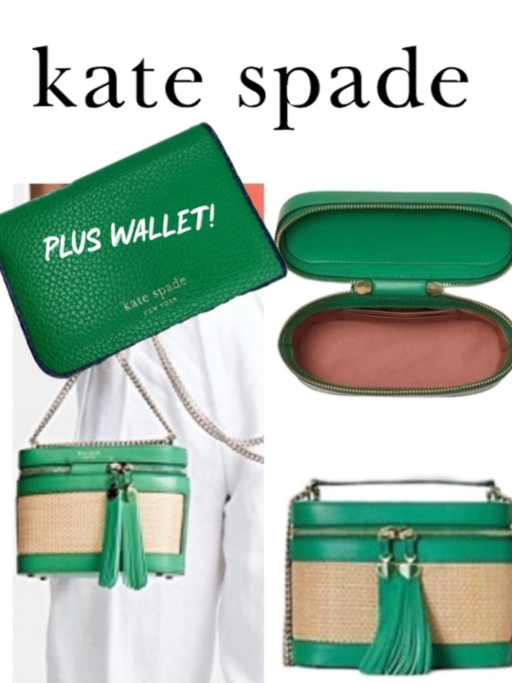 Kate Spade Rose Straw Green Crossbody Bag Wallet